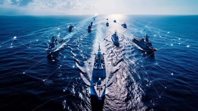 Aerial view of modern military assets  fighter jets, naval ships, and connected data networks.