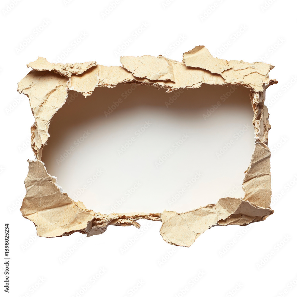 Poster torn piece of brown paper reveals blank white space in center, creating frame like effect. rough edg