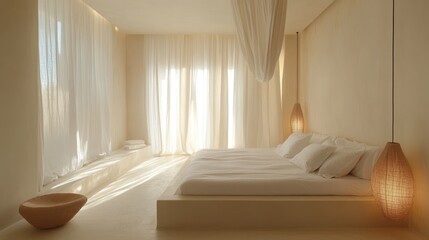 serene bedroom interior bathed in soft light featuring sheer curtains woven lamps and a minimalist beige color palette creating a tranquil escape