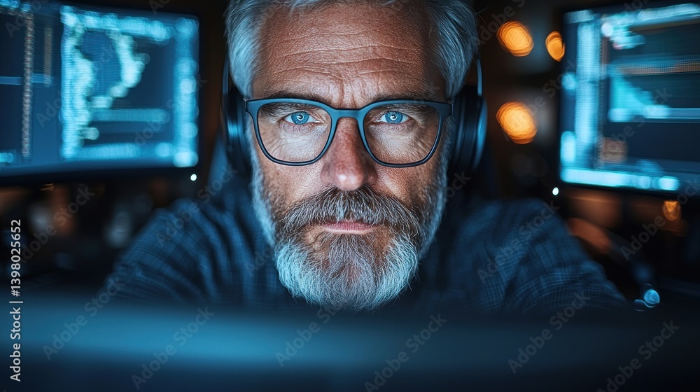 Poster focused programmer working late at night