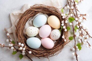 A nest filled with colorful eggs and a sprig of willow symbolizes Easter's joy and renewal.