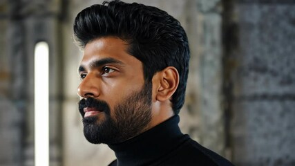 Thoughtful young man with dark hair, beard, and turtleneck looking off into the distance in studio setting, contemplative mood.