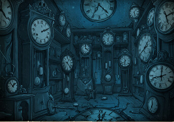 Numerous Vintage Clocks in a Dark Blue Room Digital Pixel Art