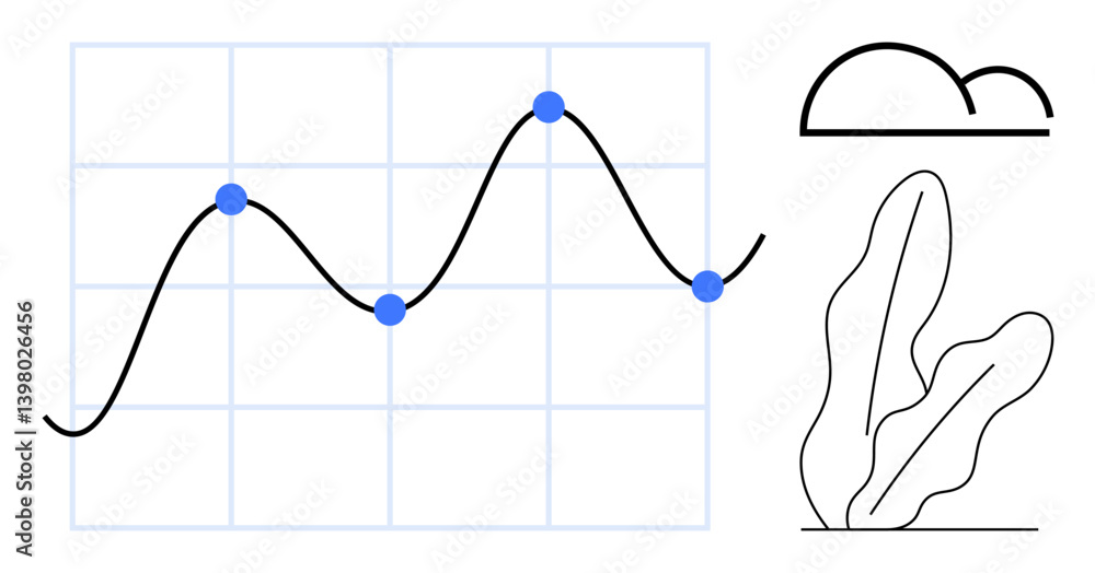 Poster line graph with blue data points on a grid alongside minimal visuals of clouds and leaves. ideal for