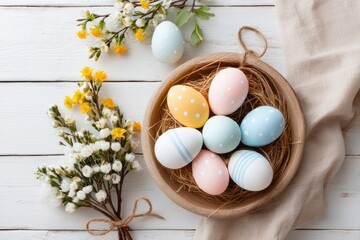 Obraz premium A bowl filled with colorful eggs sits on a table, celebrating the Easter holiday.