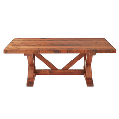 rustic wooden dining table with sturdy trestle base, showcasing natural wood grain finish, perfect for cozy dining room setting
