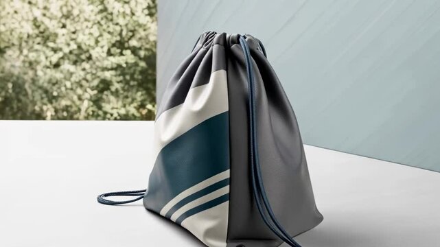 Drawstring gym bag with diagonal sport stripes, modern minimalist design in blue and gray tones, product mockup with copy space