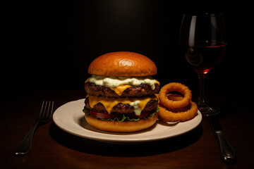 Double cheese burger with onion rings on the side