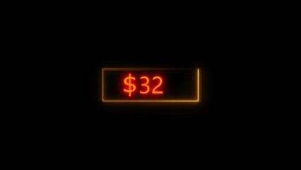 Neon bright USD Dollar growing from $32 orange color illustration. Black background circle orange color frem 4k illustration.