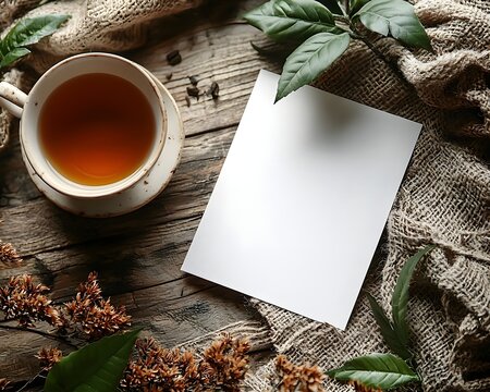Blank white card on a cozy natural workspace