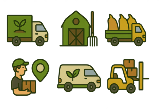 Flat icon set of agriculture logistics and food delivery. Includes delivery trucks, barn, forklift, worker with package. Perfect for farm supply chain agri-logistics concepts, transparent background