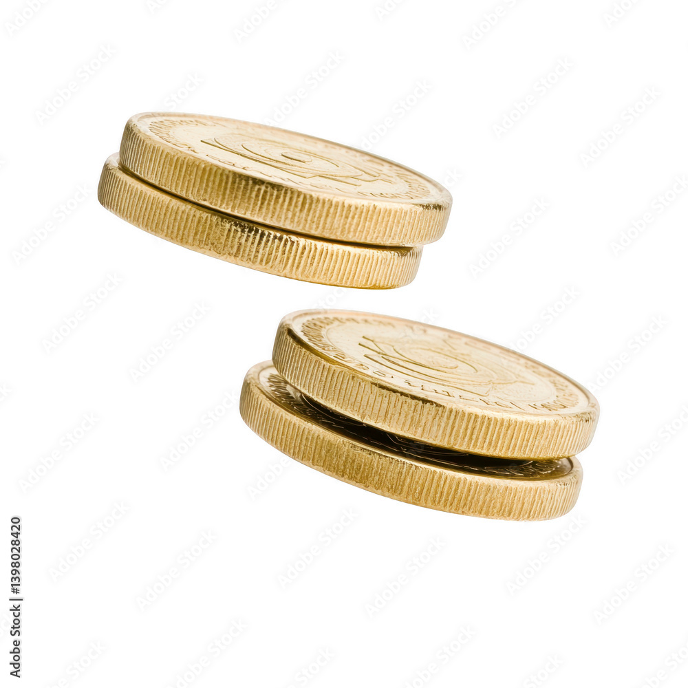 Poster golden coins stacked and isolated on transparency background, showcasing their shiny metallic textur