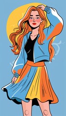 Fototapeta premium Female in spinning with skirt flowing style cartoonish bold outlines and flat colors modern digital illustration