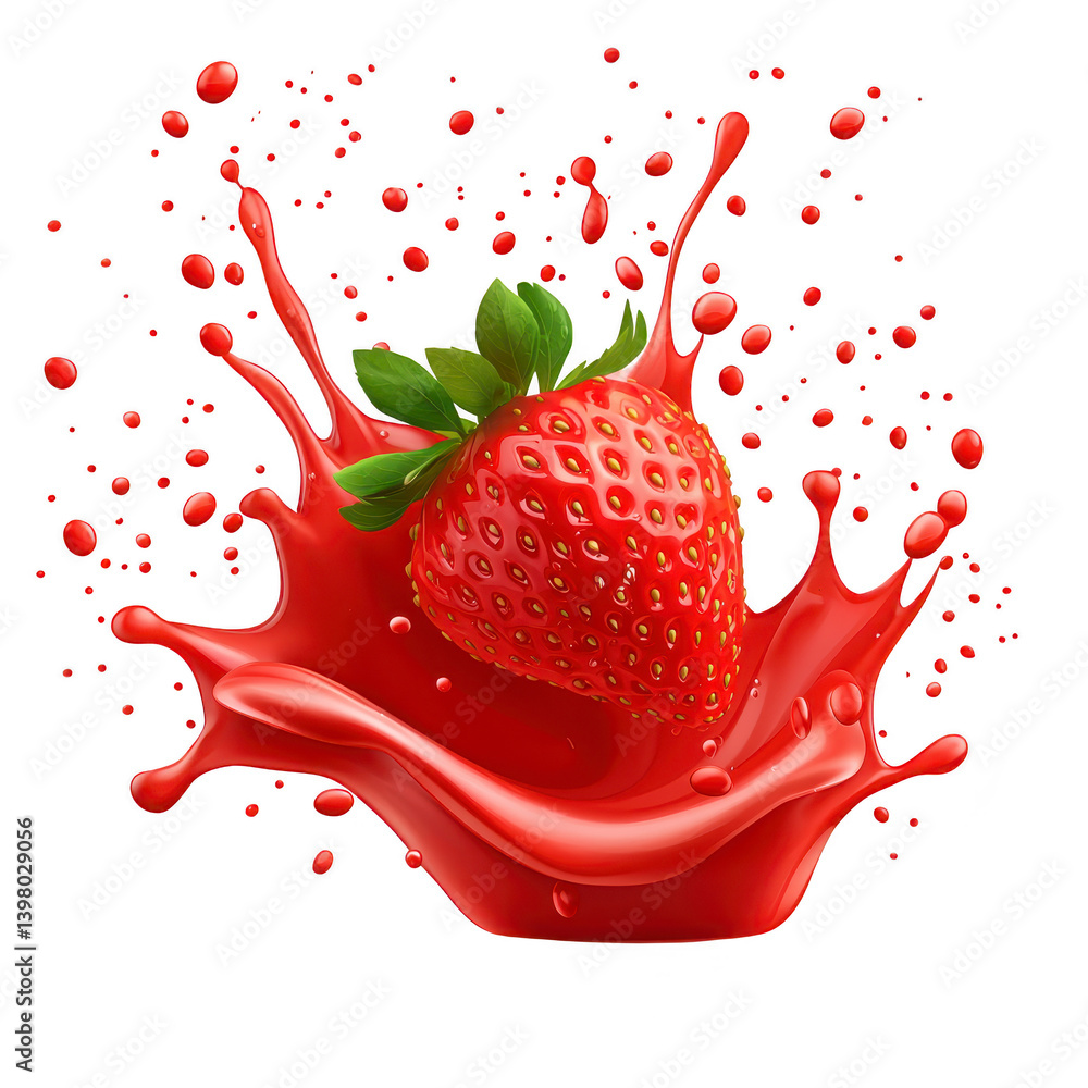Poster vibrant strawberry splashes into pool of red liquid, creating dynamic droplets and waves. fresh frui