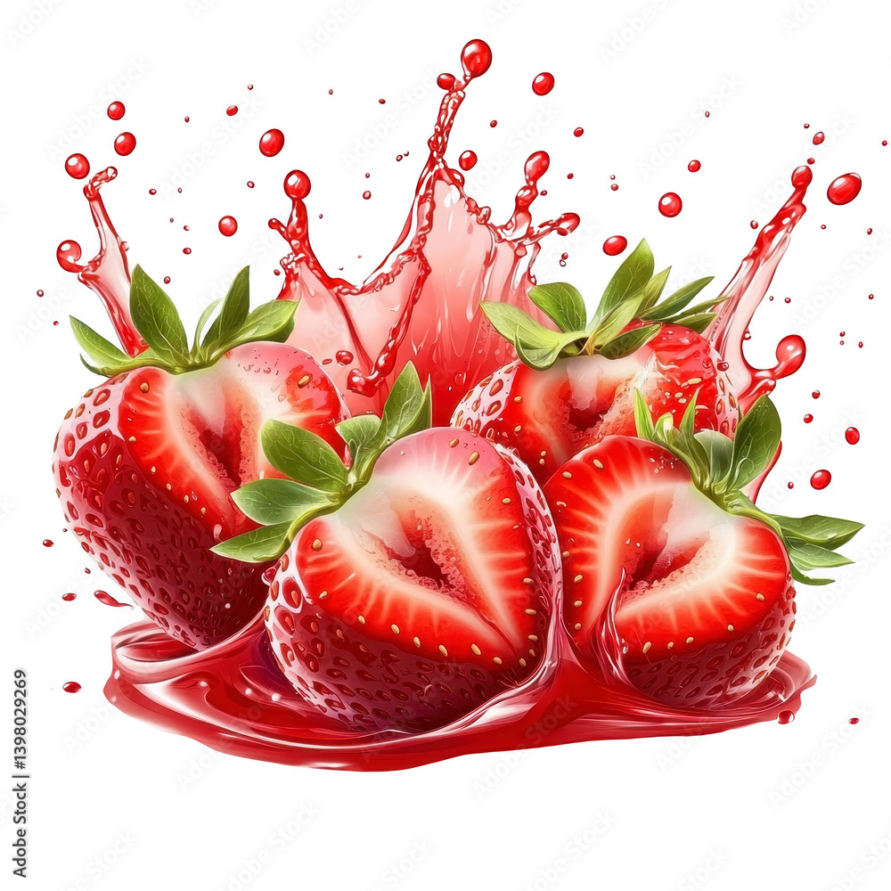 Poster fresh strawberries splashing in vibrant red juice, creating dynamic and refreshing scene. juicy frui