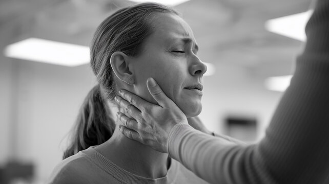 Close-up black and white image of woman's face, eyes closed, hand on her neck, conveying sadness, grief, or distress, representing emotional pain and need for support