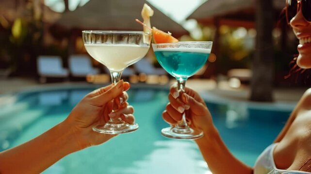 Two young women celebrate summer bliss with colorful cocktails by a turquoise poolside party
