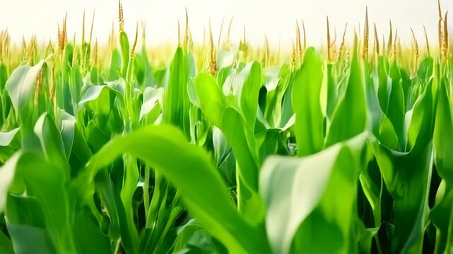 Vibrant green corn field with sunlight illuminating the leaves, a concept for agriculture, farming, and environmental sustainability projects
