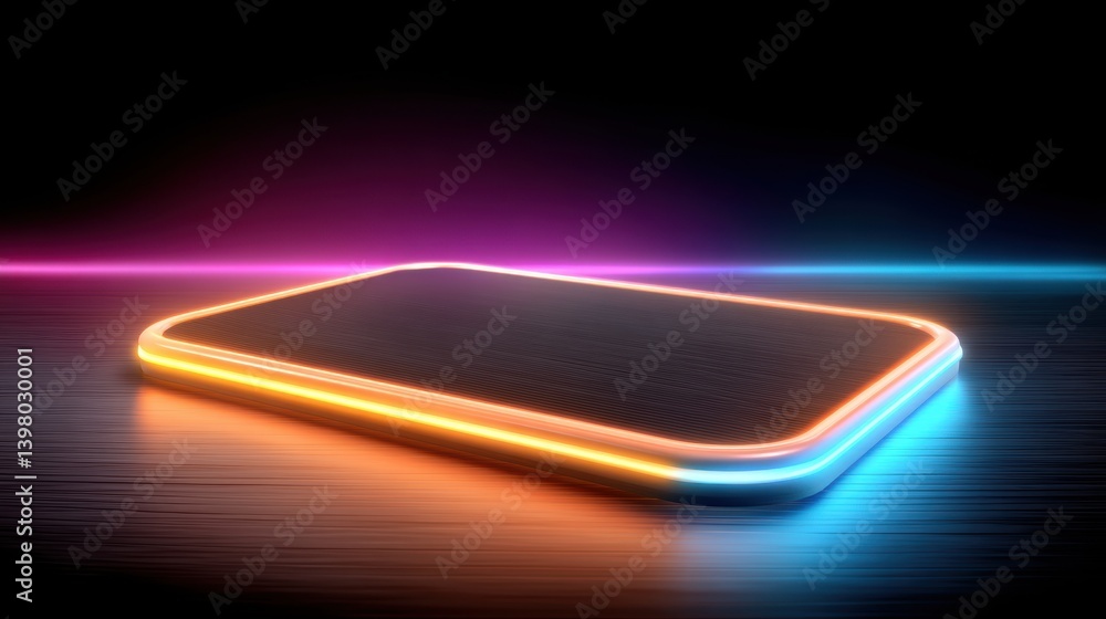 Poster a sleek, illuminated platform with vibrant neon edges against a dark background, creating a futurist