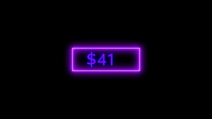 Dollar icon neon bright from $41 purple color illustration. Black background circle purple color frem 4k illustration.
