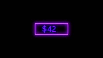 Dollar icon neon bright from $42 purple color illustration. Black background circle purple color frem 4k illustration.