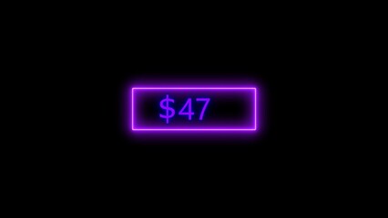 Dollar icon neon bright from $47 purple color illustration. Black background circle purple color frem 4k illustration.