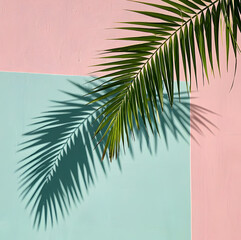 Close-up of a palm leaf lit by sunlight, casting defined shadows on a soft pastel wall. Clean lines and minimal tropical vibes, evoking a serene summer mood.