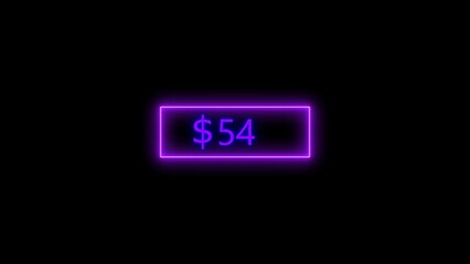 Dollar icon neon bright from $54 purple color illustration. Black background circle purple color frem 4k illustration.