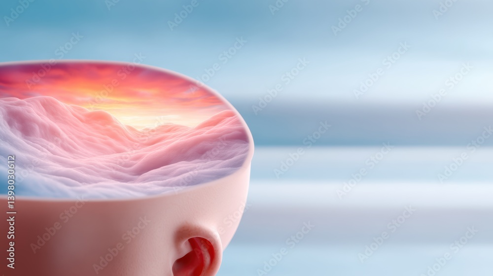 Poster a surreal image of a head with an open top, revealing a vibrant cloud landscape, blending imaginatio