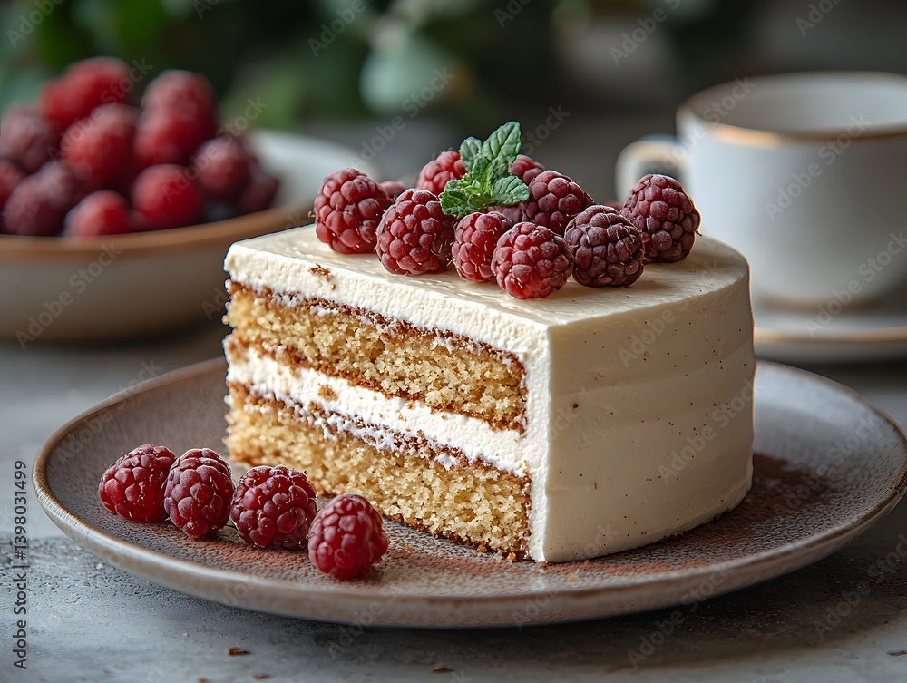 Poster a delectable raspberry cream cake on a plate long title a beautifully presented raspberry cream cake
