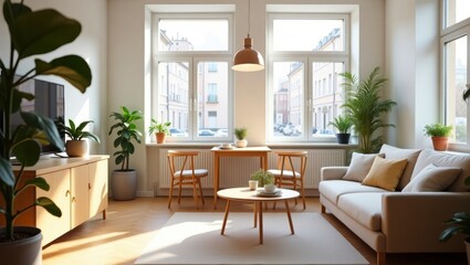 Beautifully designed scandinavian style apartment living room featuring bright interiors, soft textures, and modern furnishings that create a warm and inviting ambiance for relaxation