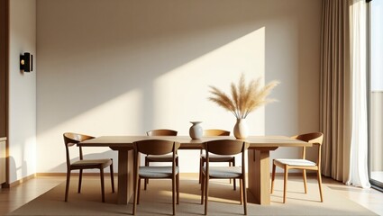 Fototapeta premium Elegant japan-style dining room featuring rustic wood textures and contemporary design elements creating a warm and inviting atmosphere for meals