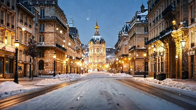 Snow-covered Parisian street at night, illuminated buildings, and a majestic dome