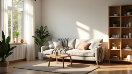Cozy scandinavian living room bathed in warm golden hour light featuring soft textiles and minimalist decor creating an inviting atmosphere for relaxation and comfort