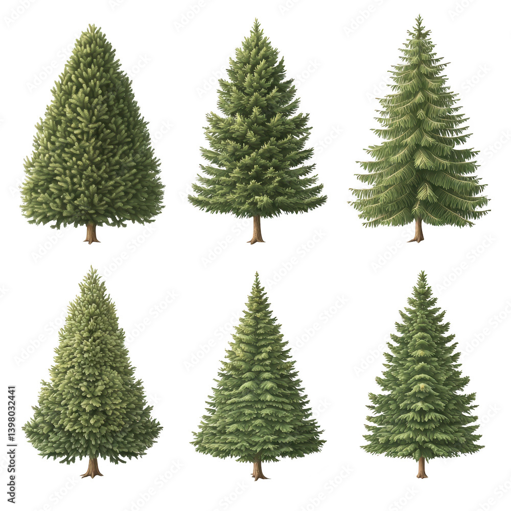 Poster collection of six different evergreen trees, each with unique foliage and shape, showcasing diversit