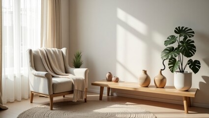 Cozy scandinavian living room with natural ambiance featuring soft textures, warm lighting, and minimalist decor for a relaxing and inviting environment
