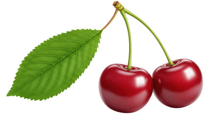 Isolated Two Red Cherries with Stem and Leaf
