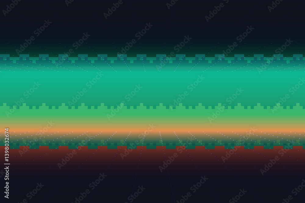 Poster retro cyberpunk style 80s game scene pixel art 8-bit sci-fi background. glowing neon grid and stars 