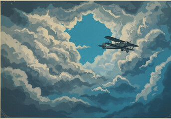 Vintage Biplane Soaring Through Blue Sky and White Clouds © loc