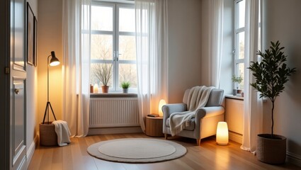 Fototapeta premium Elegant scandinavian living room featuring a stylish chair and decorative lamp creating a cozy and welcoming space ideal for relaxation and social gatherings with modern aesthetic