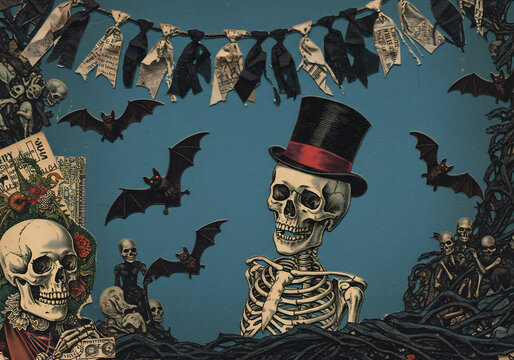 Vintage Halloween Collage Featuring Skeleton in Top Hat Bats and Skulls