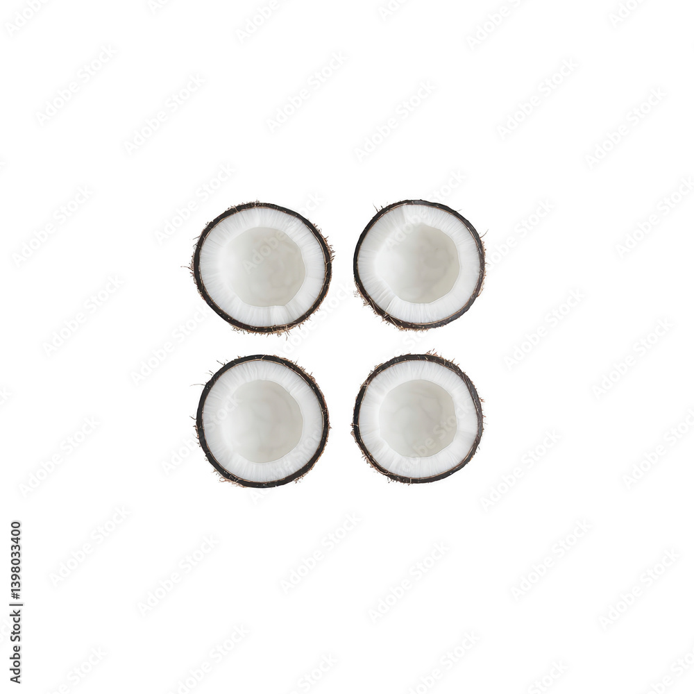 Poster four halved coconuts are arranged in grid pattern against plain background, showcasing their white f