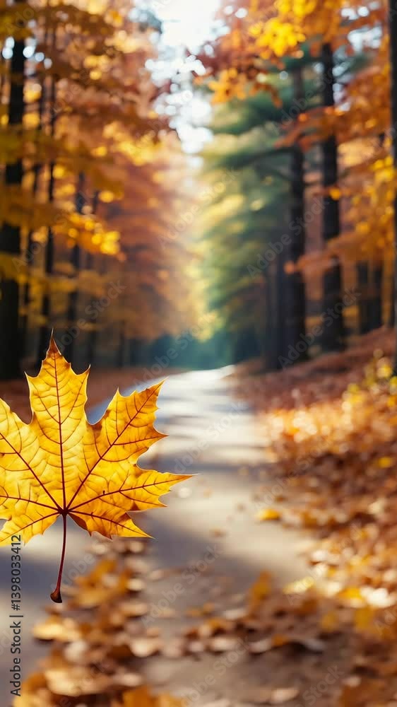 Aufkleber autumn path leading through forest trees with a prominent maple leaf in the foreground creating a sc