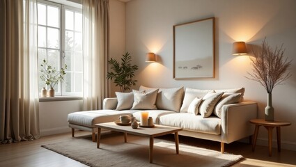 Fototapeta premium Soft nordic living room in evening ambiance highlighting luxurious textures, warm lighting, and inviting decor for a relaxing and stylish home environment