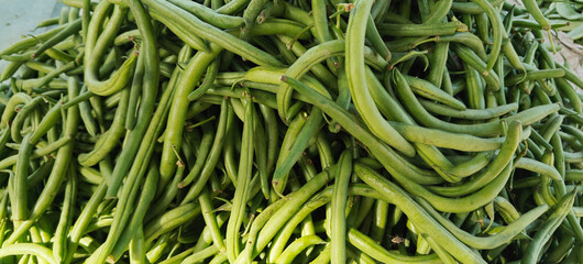 A pile of green bean open sell in Indian market.