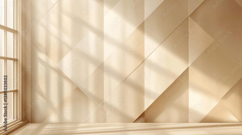 Poster serene interior with patterned wall casting intricate light shadows from window illuminating the sub