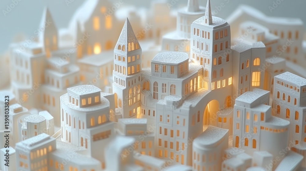Poster intricate paper cityscape model featuring illuminated windows and detailed architectural forms creat