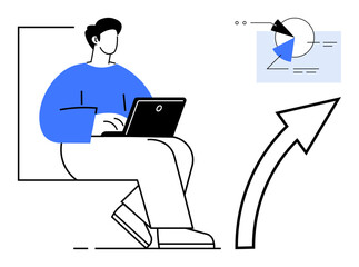 Person in blue clothing working on laptop next to an upward arrow and a pie chart graphic. Ideal for business, analytics, success, growth, productivity, strategy, innovation. Flat simple metaphor