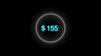 Dollar icon neon bright from $155 cyan color illustration. Black background circle cyan color frem 4k illustration.