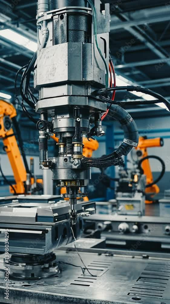 Poster automated robotic arm performing a manufacturing process, working on a metal part in a modern factor